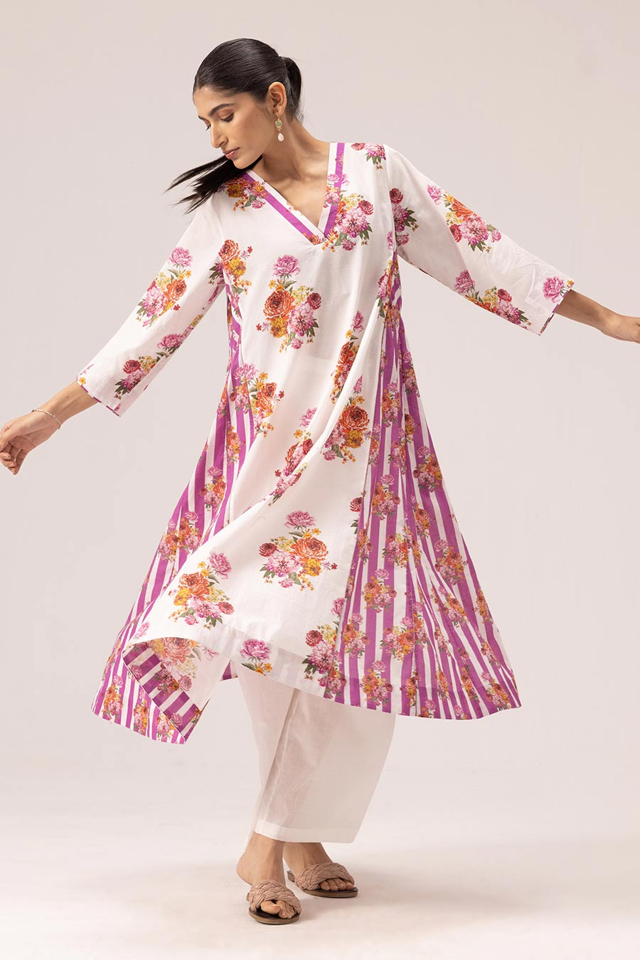 White & Pink Jia Printed Panelled Kurta Set