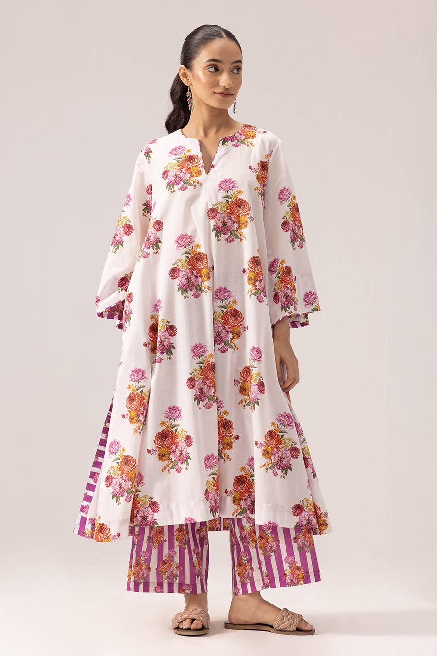 White & Pink Hazel Phiran Printed Kurta Set