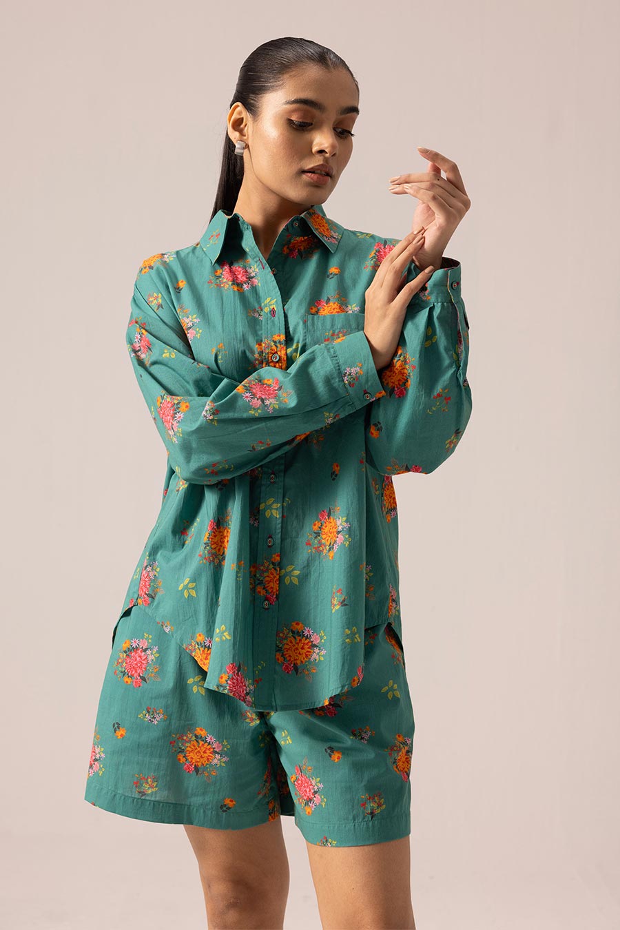 Green Luna Printed Shirt & Shorts Co-Ord Set