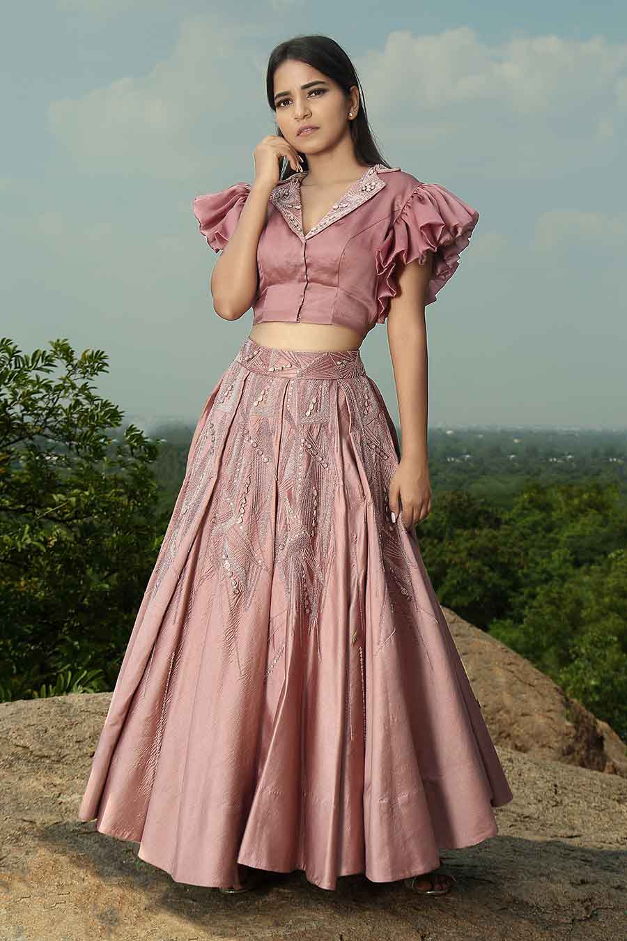 Onion Pink Embroidered Skirt & Top Set