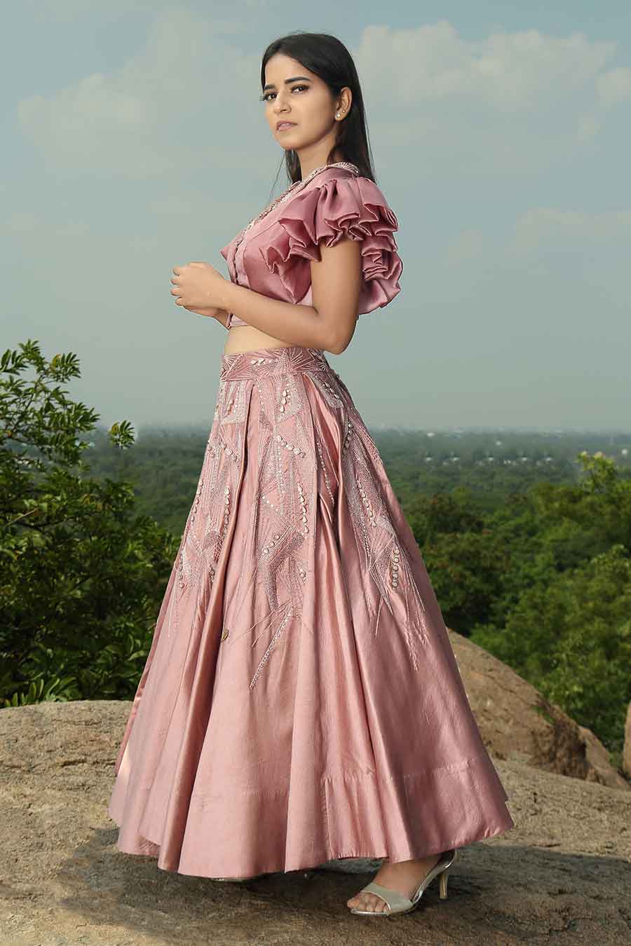 Onion Pink Embroidered Skirt & Top Set