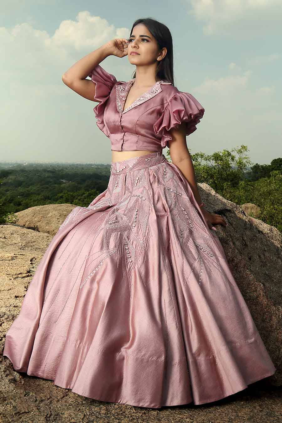 Onion Pink Embroidered Skirt & Top Set