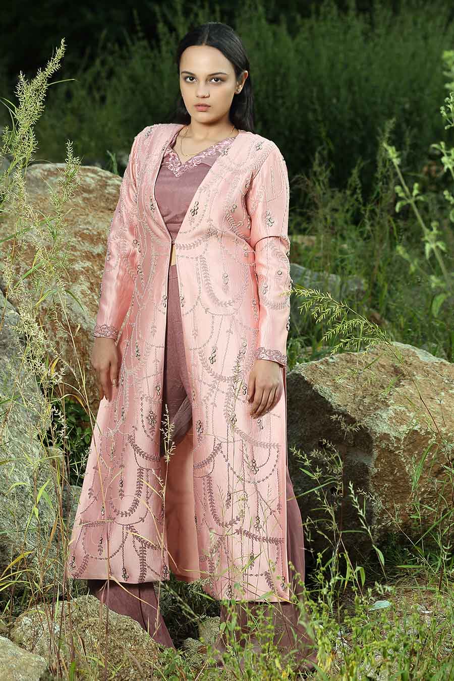 Onion Pink Embroidered Jacket with Pant & Top Set
