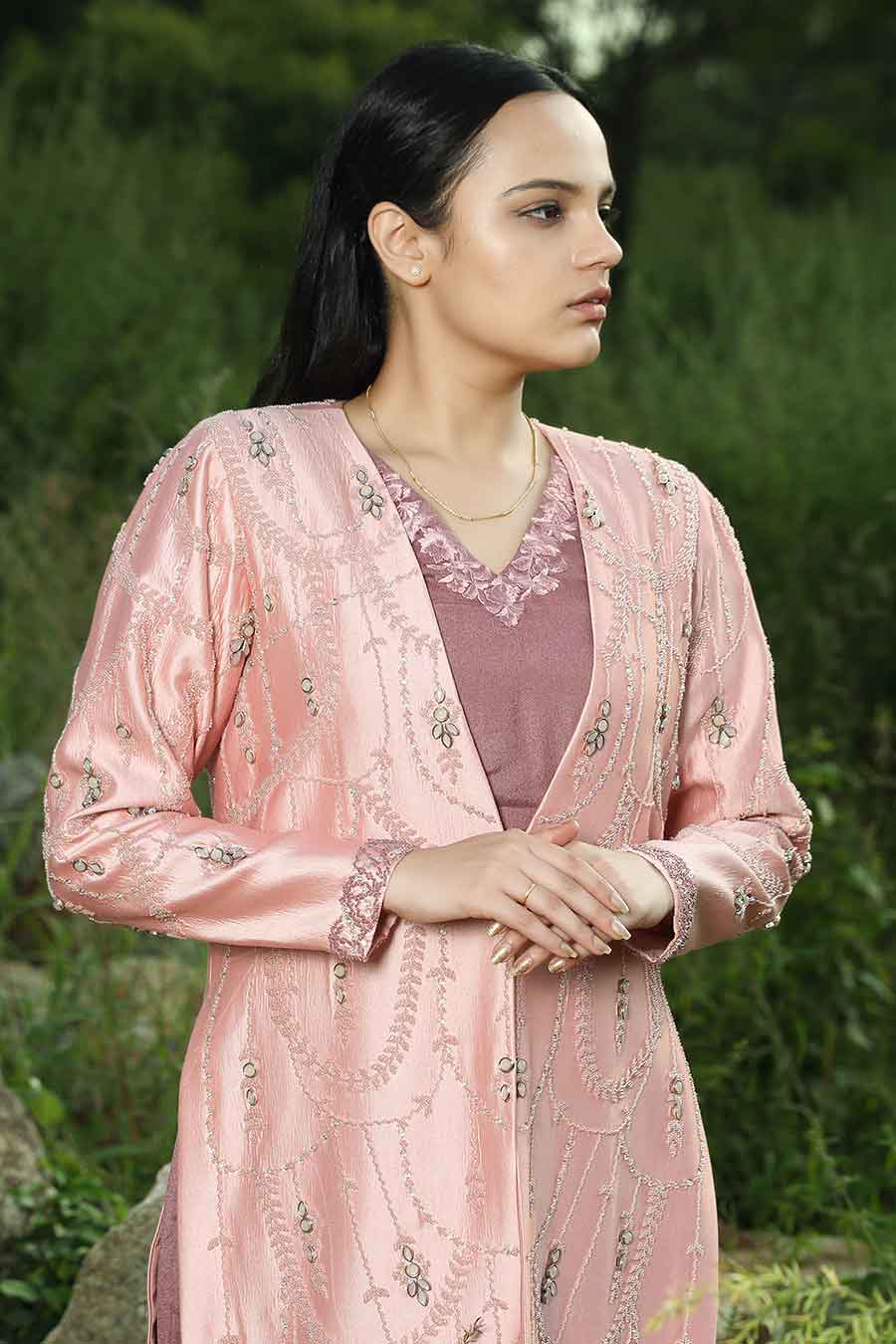 Onion Pink Embroidered Jacket with Pant & Top Set