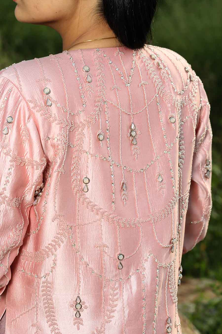 Onion Pink Embroidered Jacket with Pant & Top Set