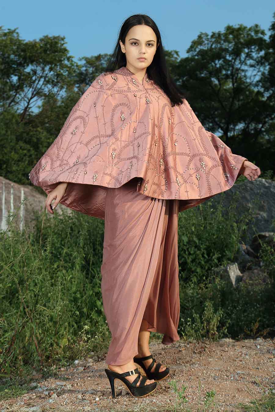 Onion Pink Embroidered Cape & Skirt Set