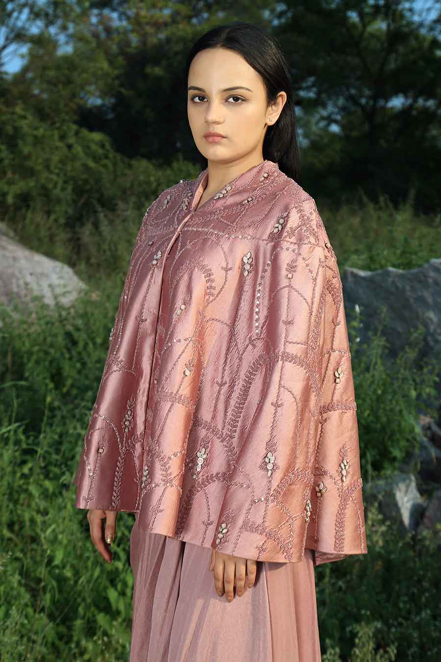 Onion Pink Embroidered Cape & Skirt Set