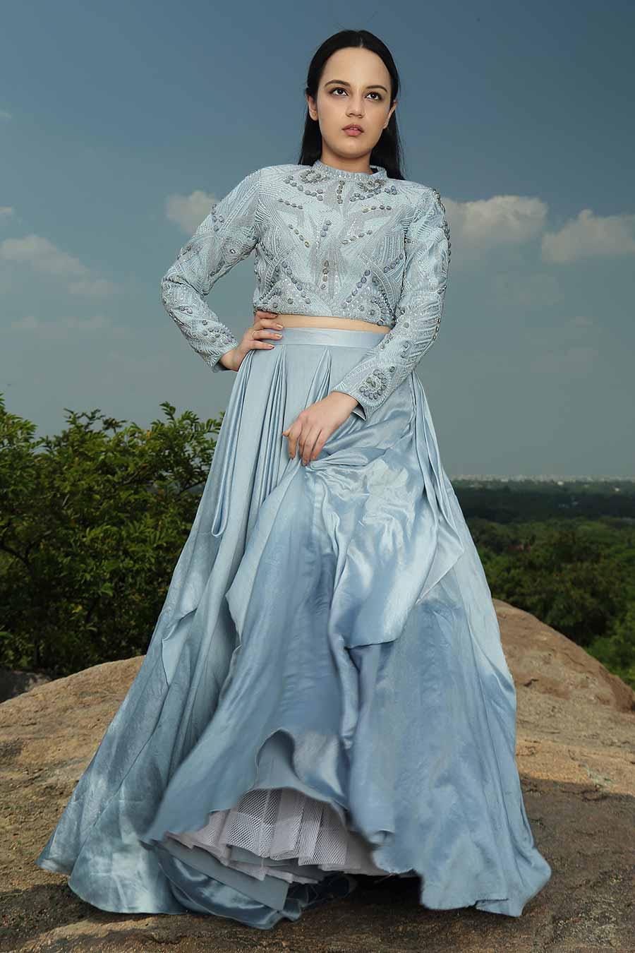 Sky Blue Embroidered Crop Top & Skirt Set