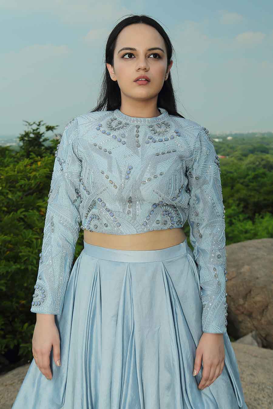 Sky Blue Embroidered Crop Top & Skirt Set