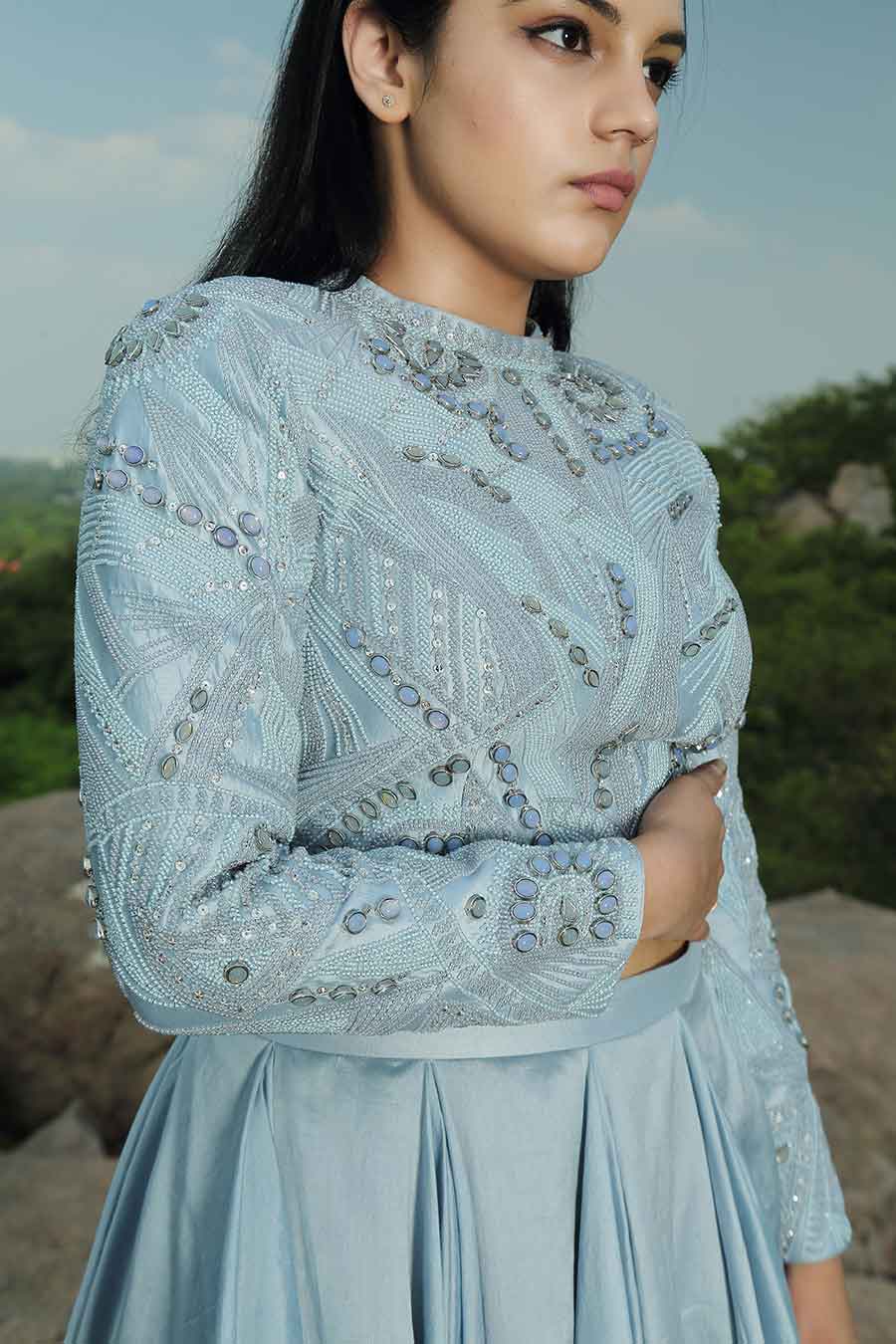 Sky Blue Embroidered Crop Top & Skirt Set