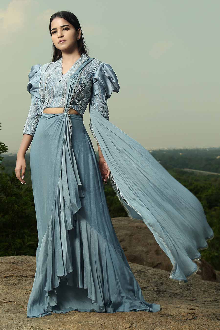 Frost Blue Embroidered Draped Saree Set