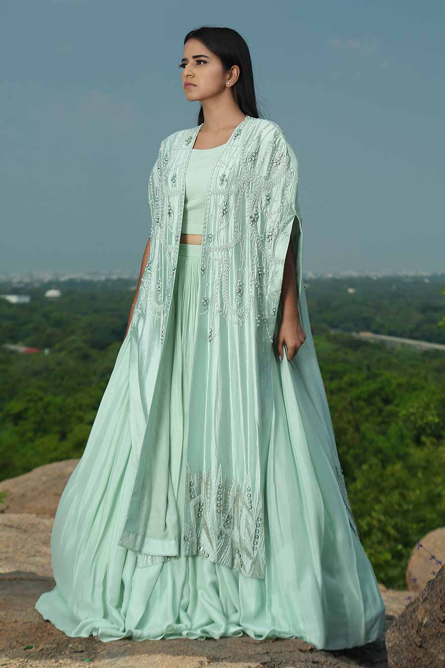 Mint Green Skirt & Top with Embroidered Cape Set