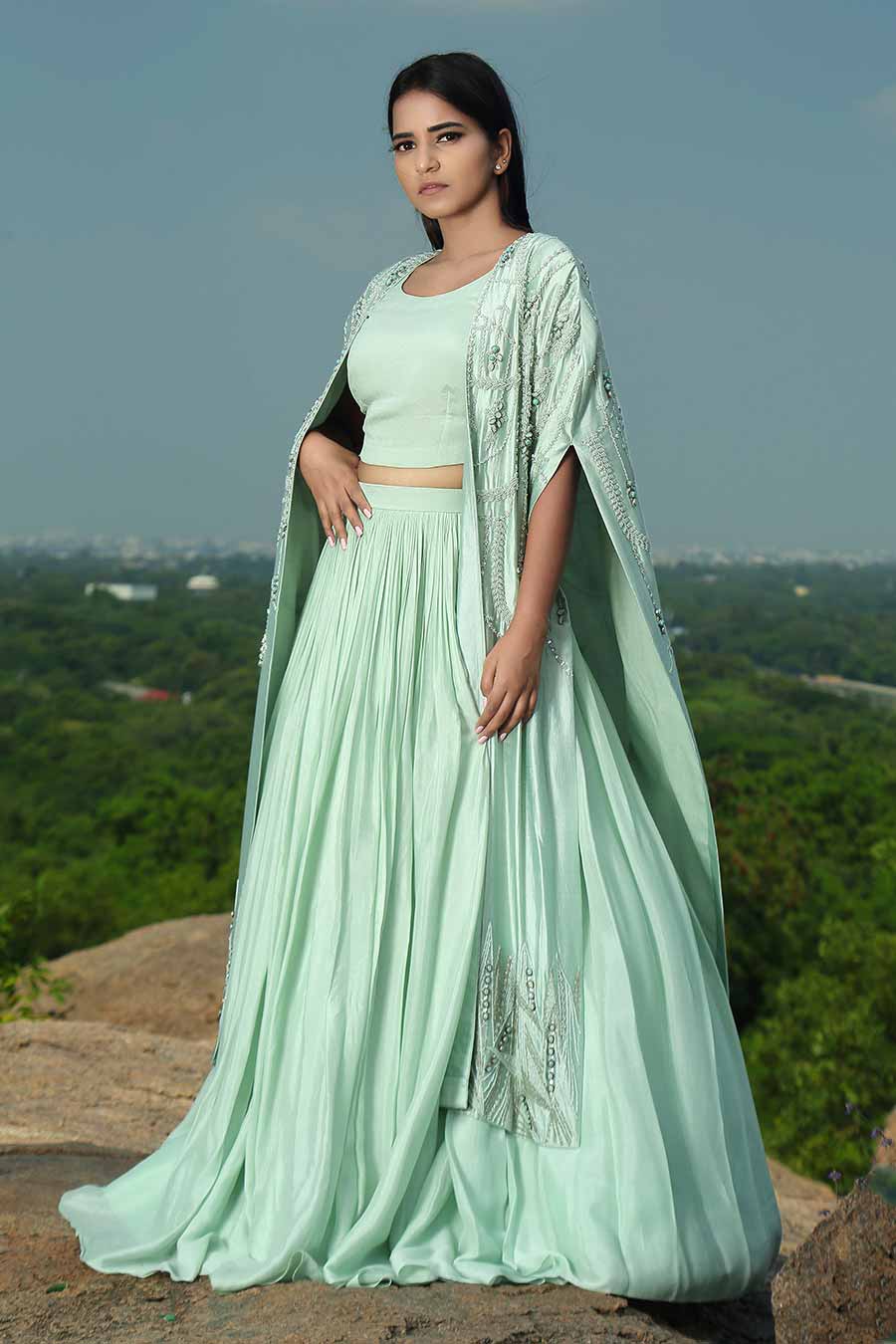 Mint Green Skirt & Top with Embroidered Cape Set