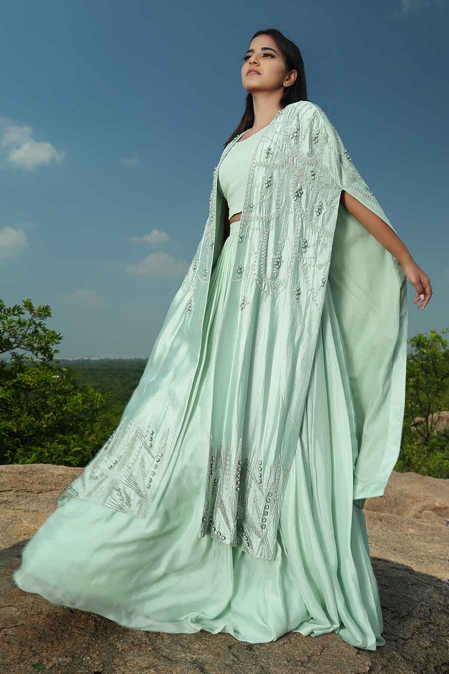 Mint Green Skirt & Top with Embroidered Cape Set