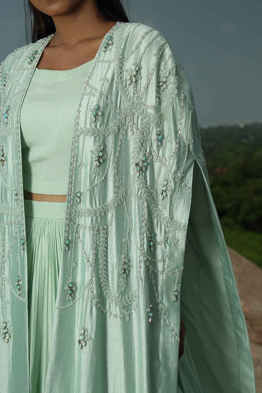 Mint Green Skirt & Top with Embroidered Cape Set