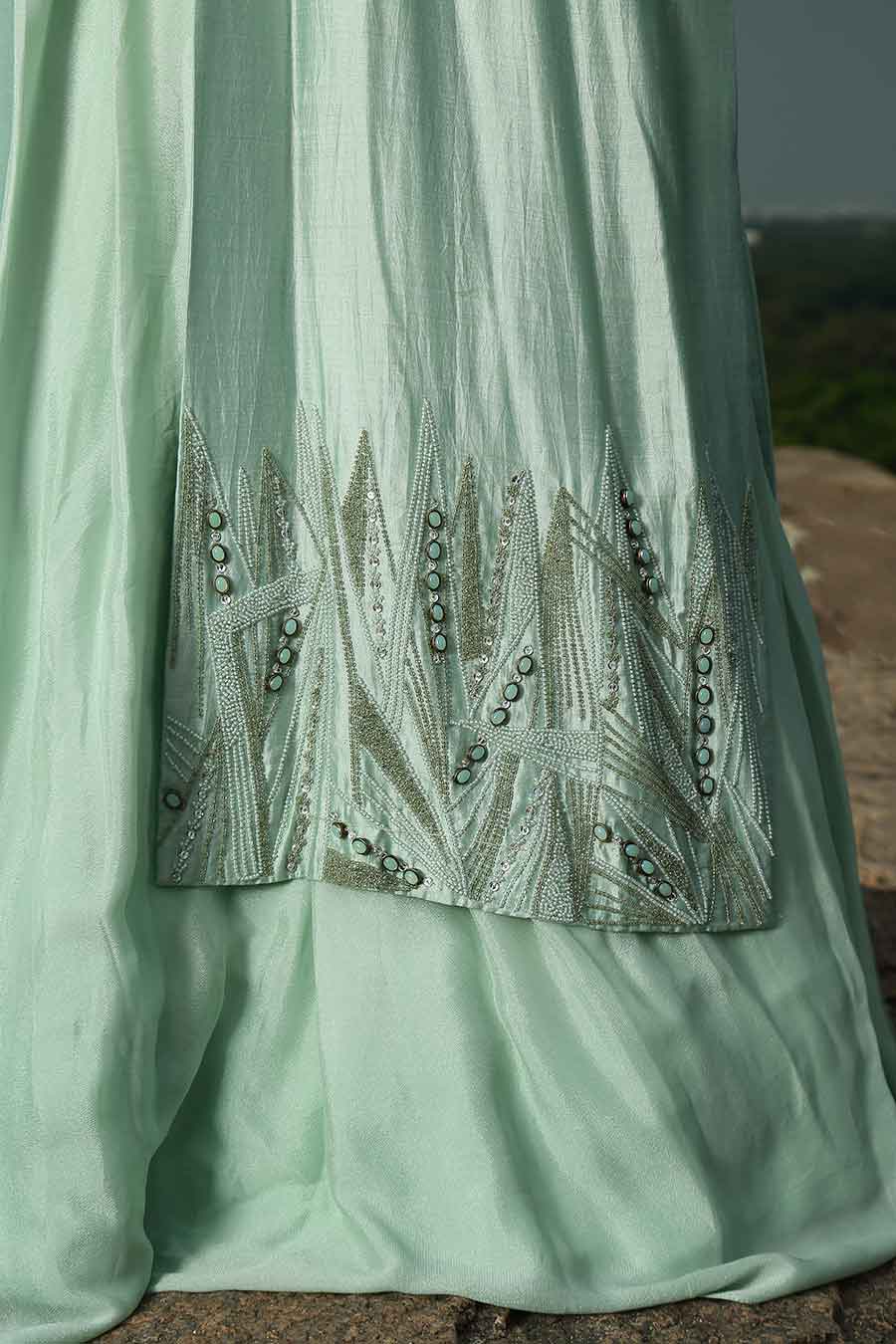 Mint Green Skirt & Top with Embroidered Cape Set