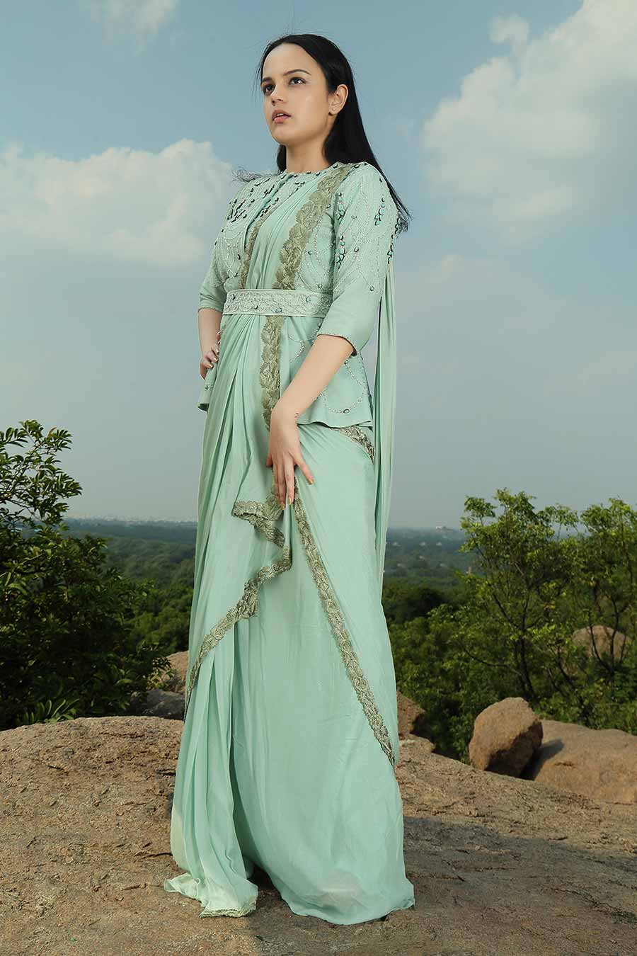 Mint Green Embroidered Draped Saree Set