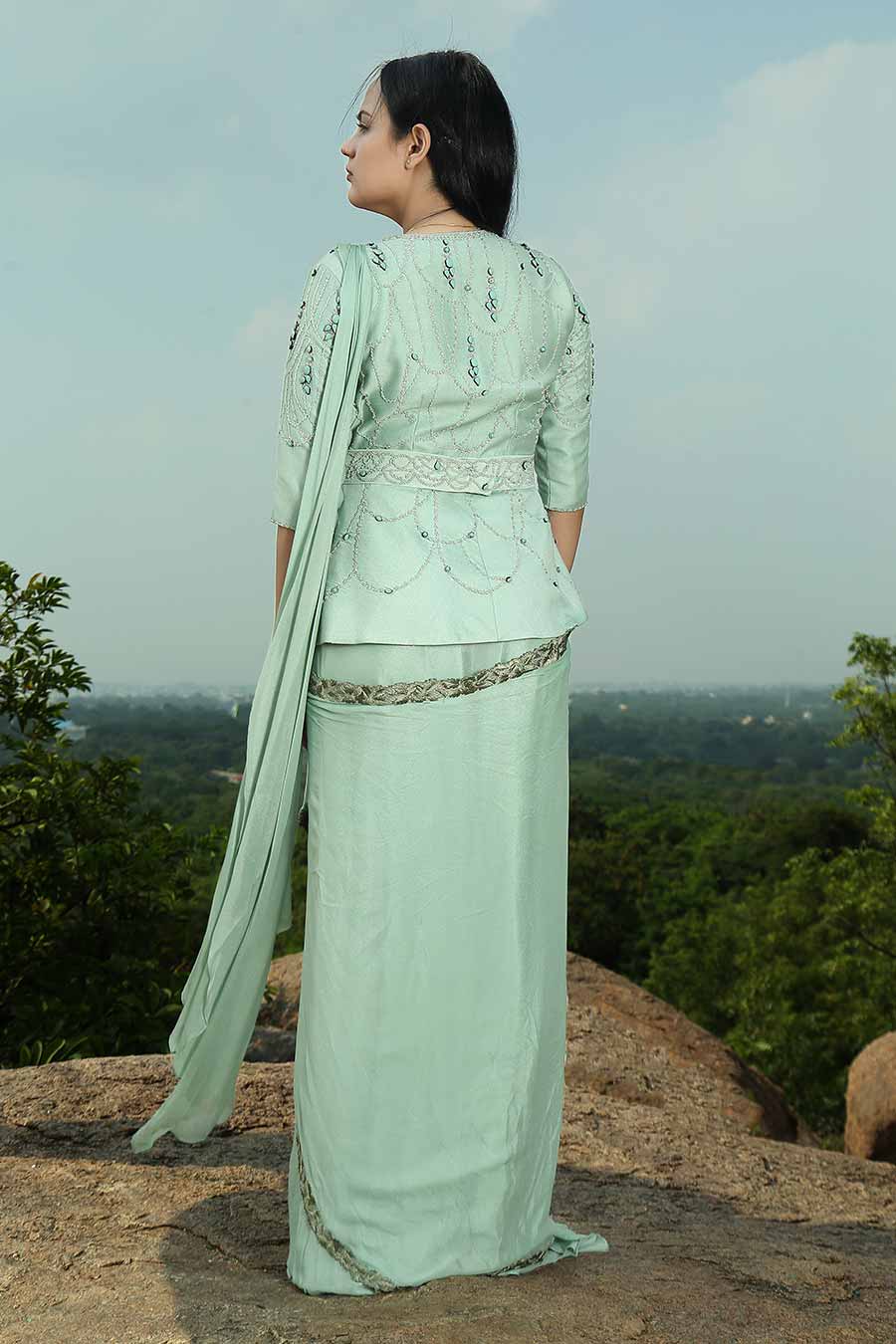 Mint Green Embroidered Draped Saree Set