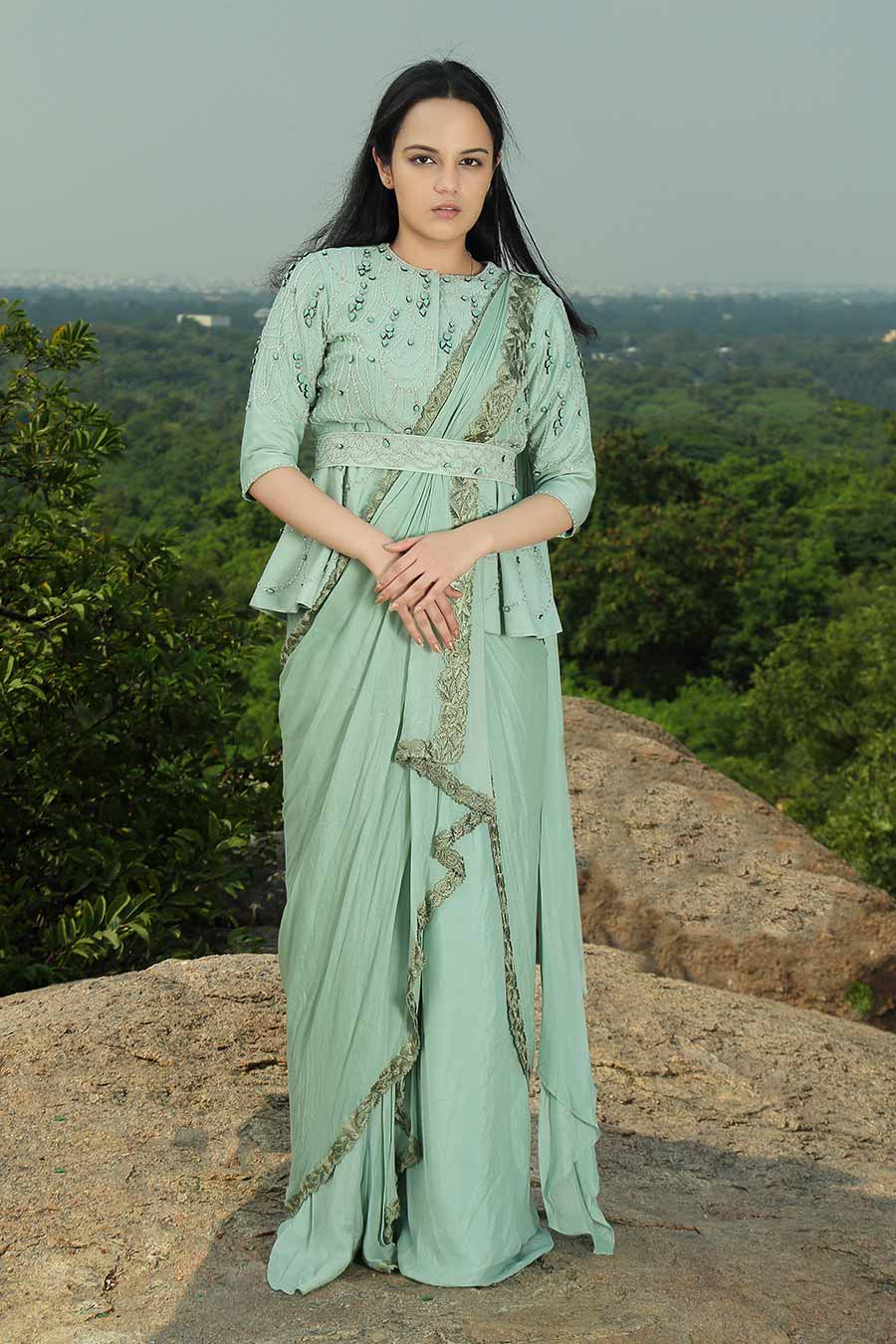 Mint Green Embroidered Draped Saree Set