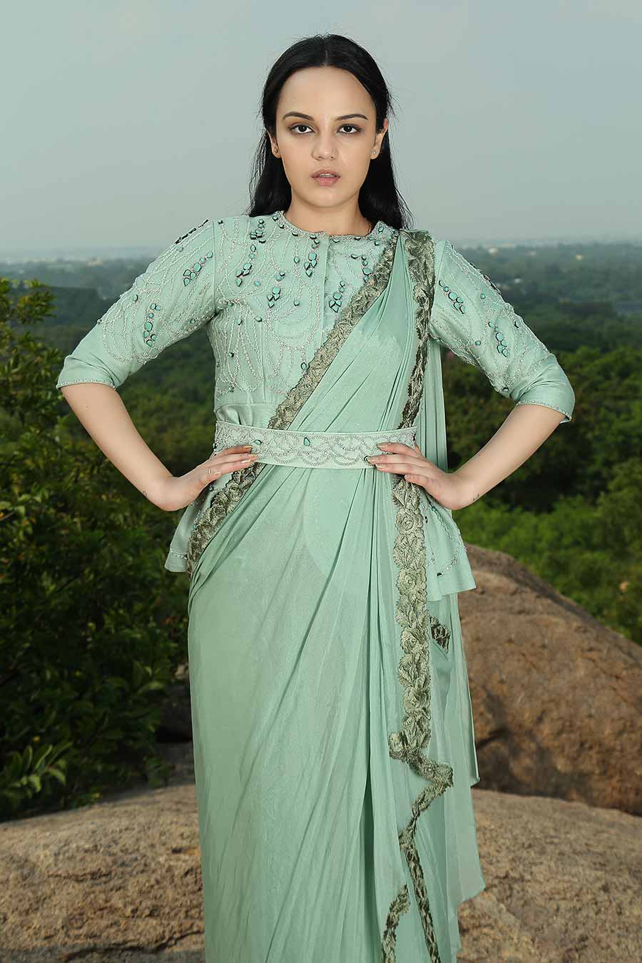 Mint Green Embroidered Draped Saree Set