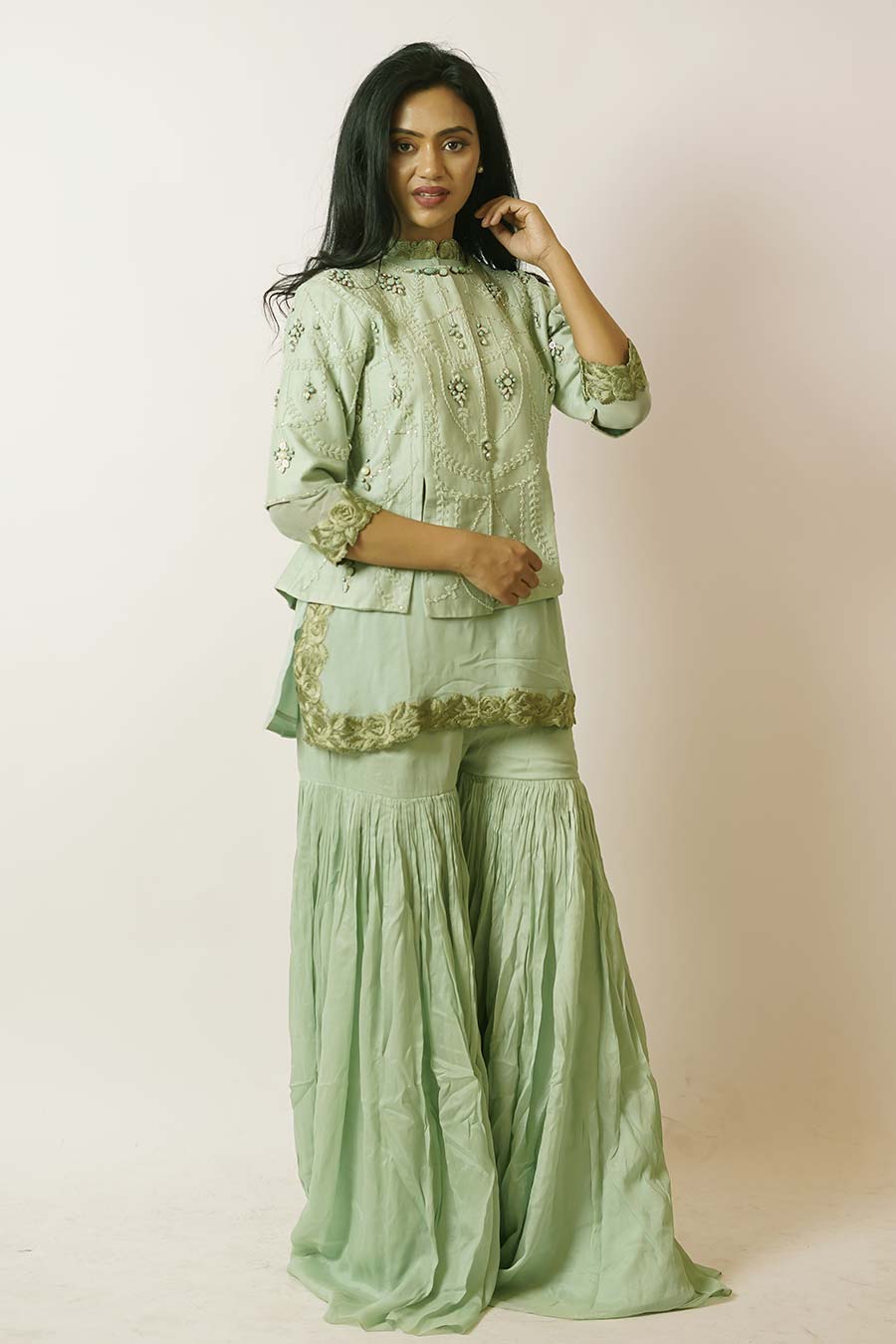 Mint Green Embroidered Jacket with Kurta & Palazzo Set