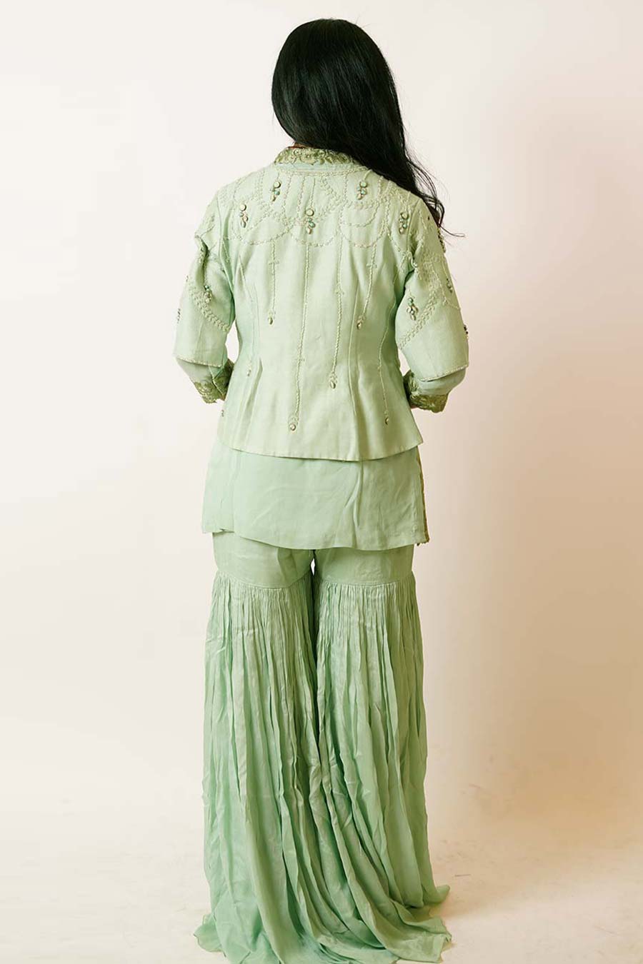 Mint Green Embroidered Jacket with Kurta & Palazzo Set