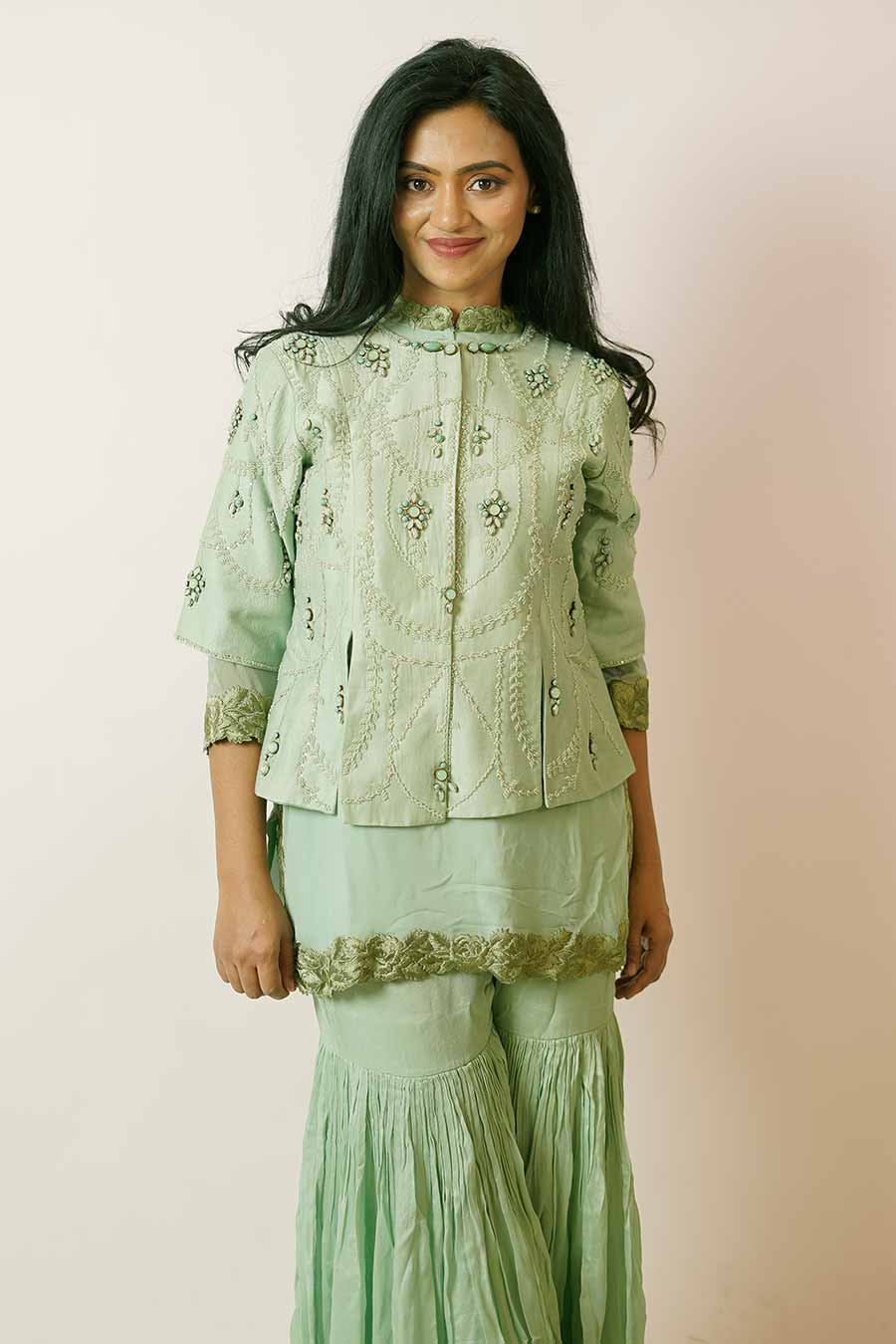 Mint Green Embroidered Jacket with Kurta & Palazzo Set