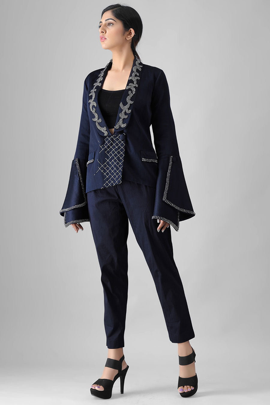 Navy Blue Embroidered Blazer