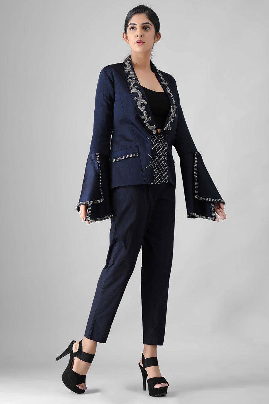 Navy Blue Embroidered Blazer