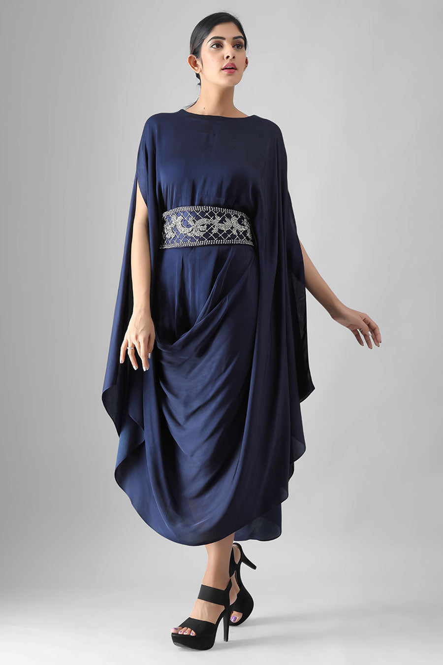 Navy Blue Drape Dress with Embroidered Belt