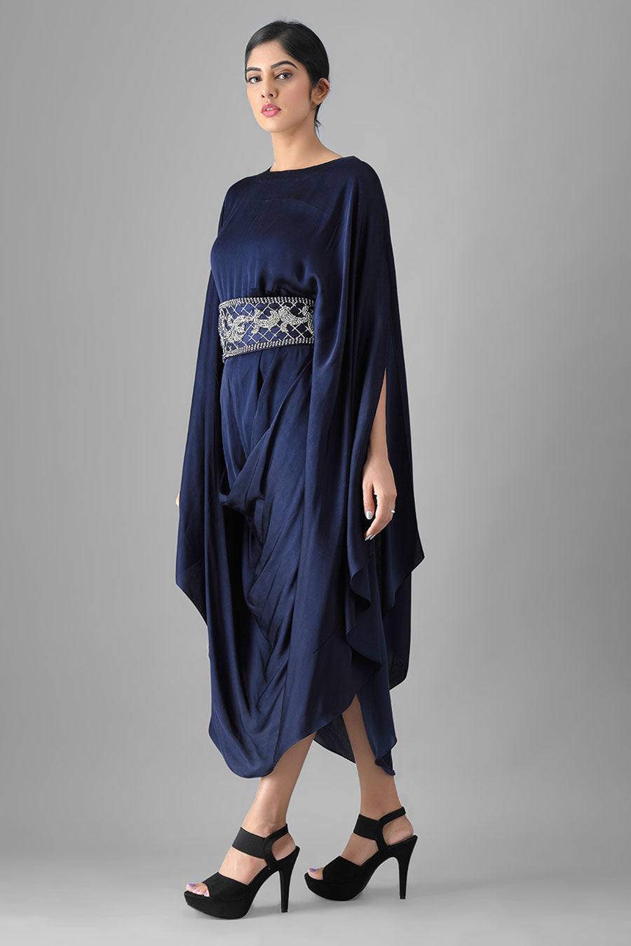 Navy Blue Drape Dress with Embroidered Belt