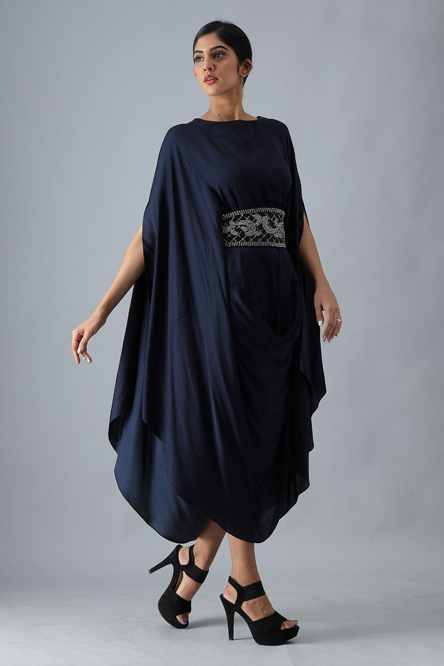 Navy Blue Drape Dress with Embroidered Belt