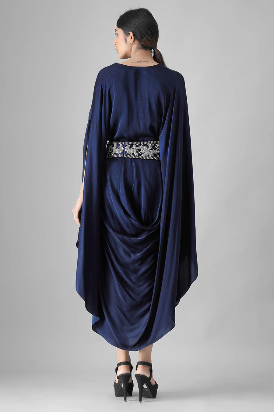 Navy Blue Drape Dress with Embroidered Belt