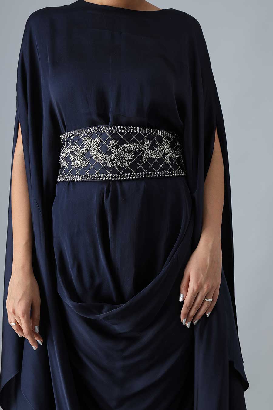 Navy Blue Drape Dress with Embroidered Belt