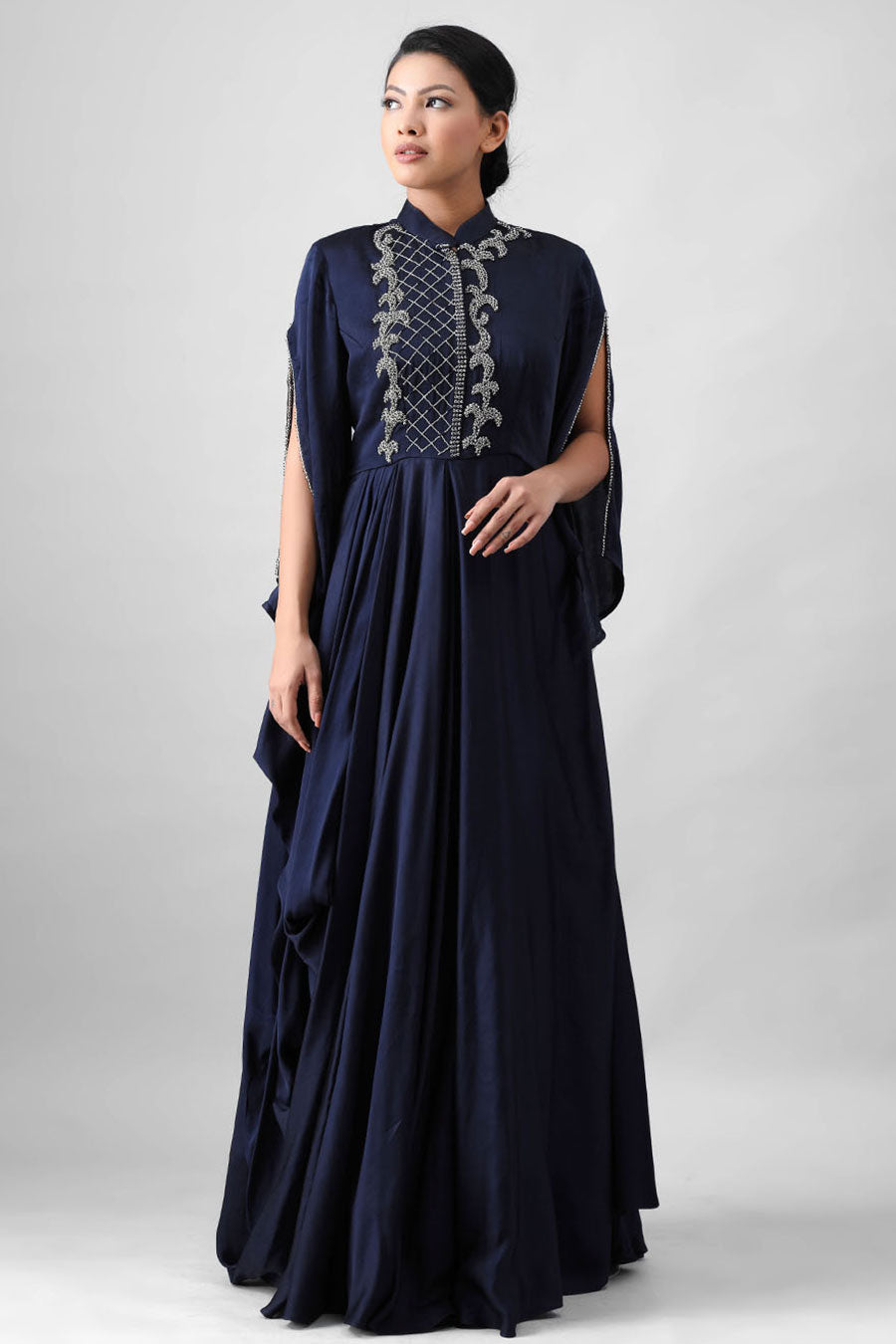 Navy Blue Embroidered Pleated Gown