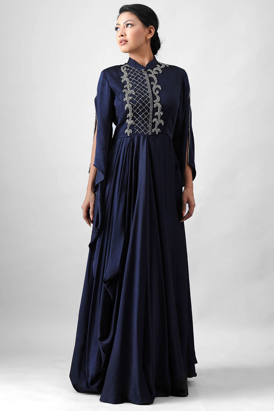 Navy Blue Embroidered Pleated Gown