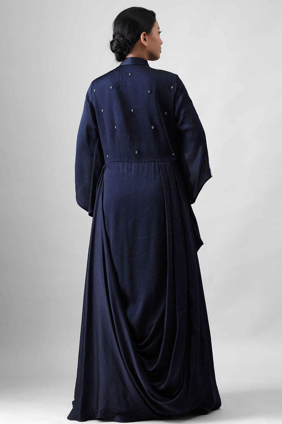 Navy Blue Embroidered Pleated Gown