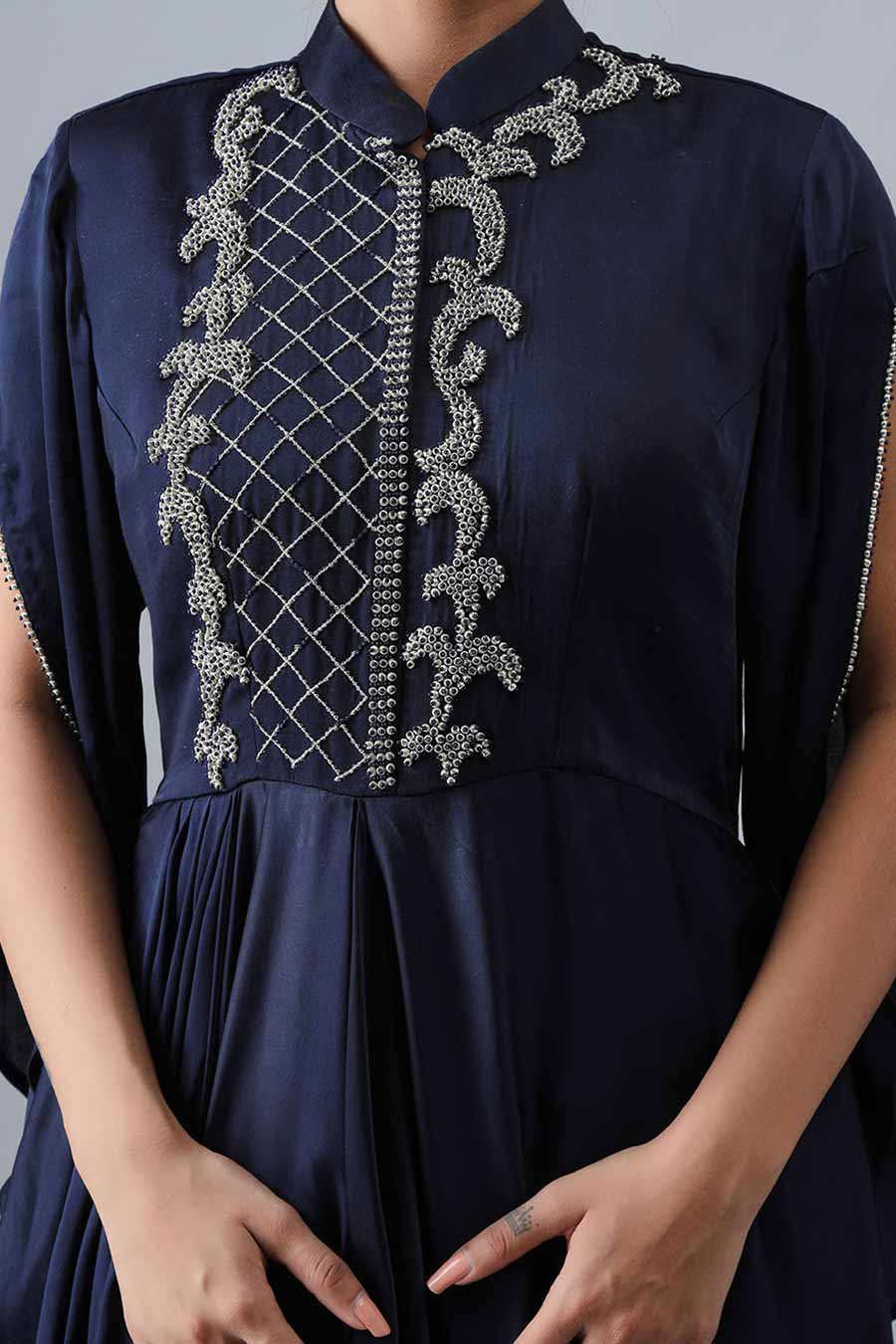 Navy Blue Embroidered Pleated Gown
