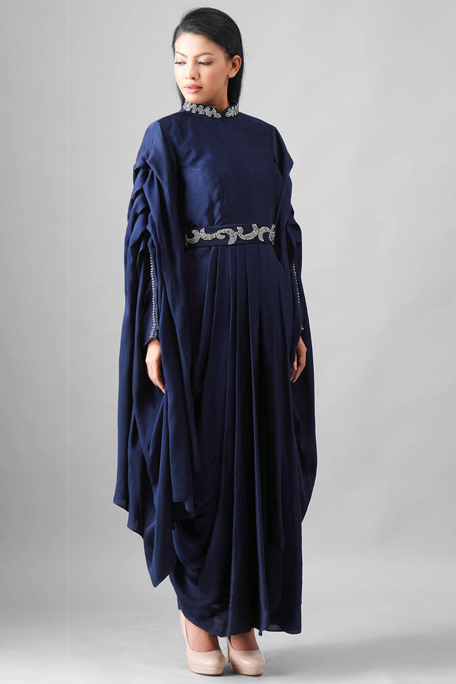 Navy Blue Embroidered Drape Dress