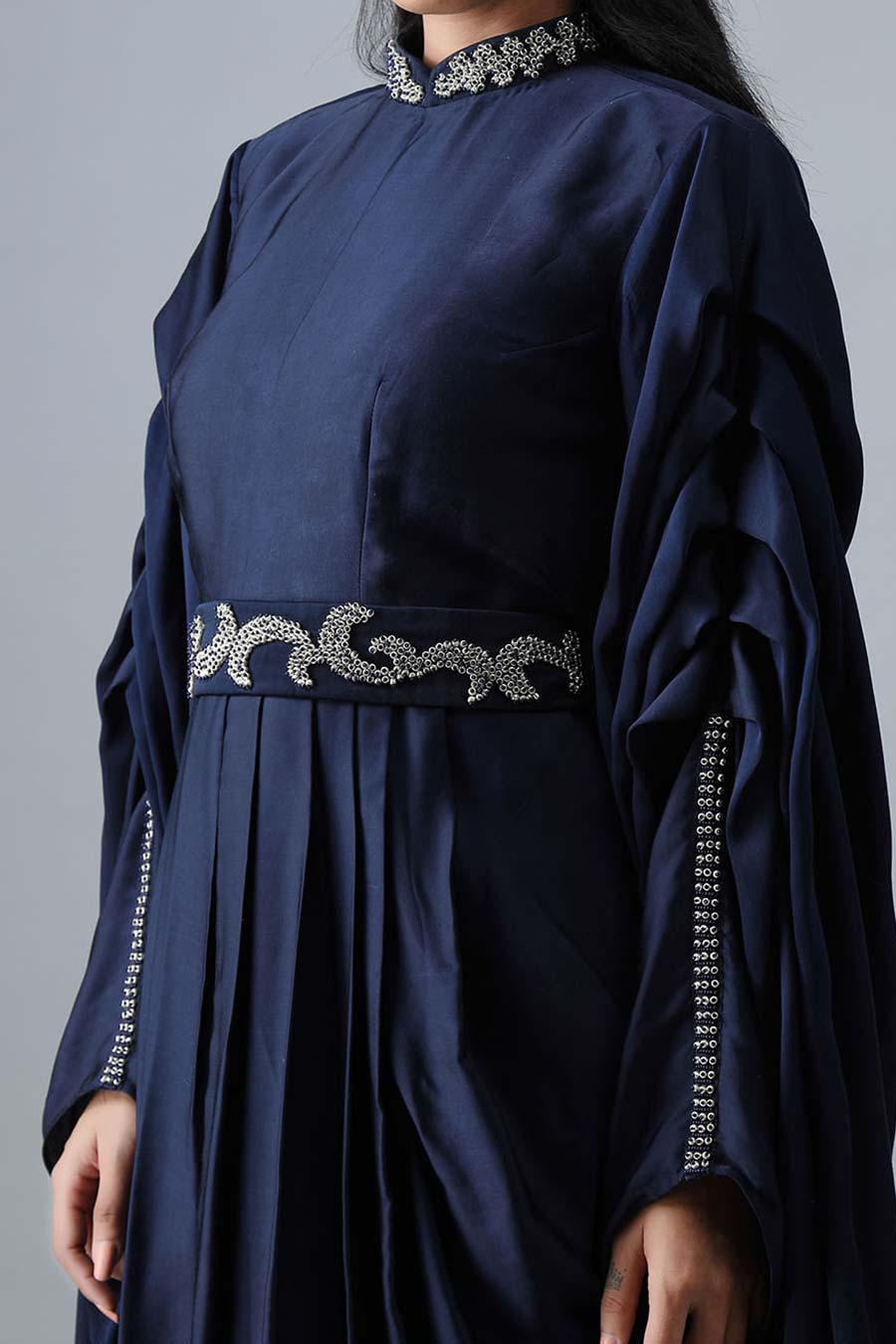 Navy Blue Embroidered Drape Dress