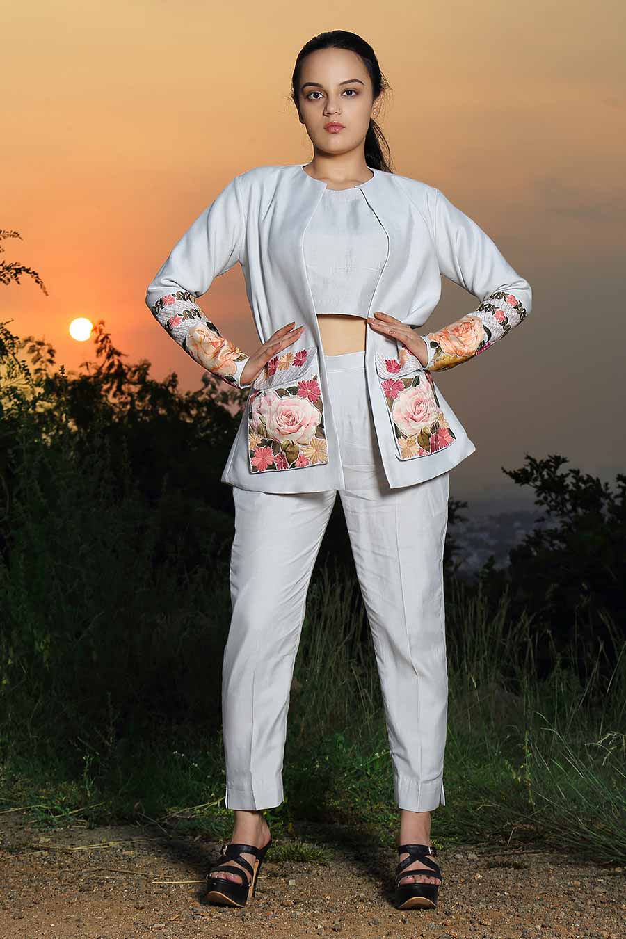 Light Grey Embroidered Jacket with Top & Pant Set