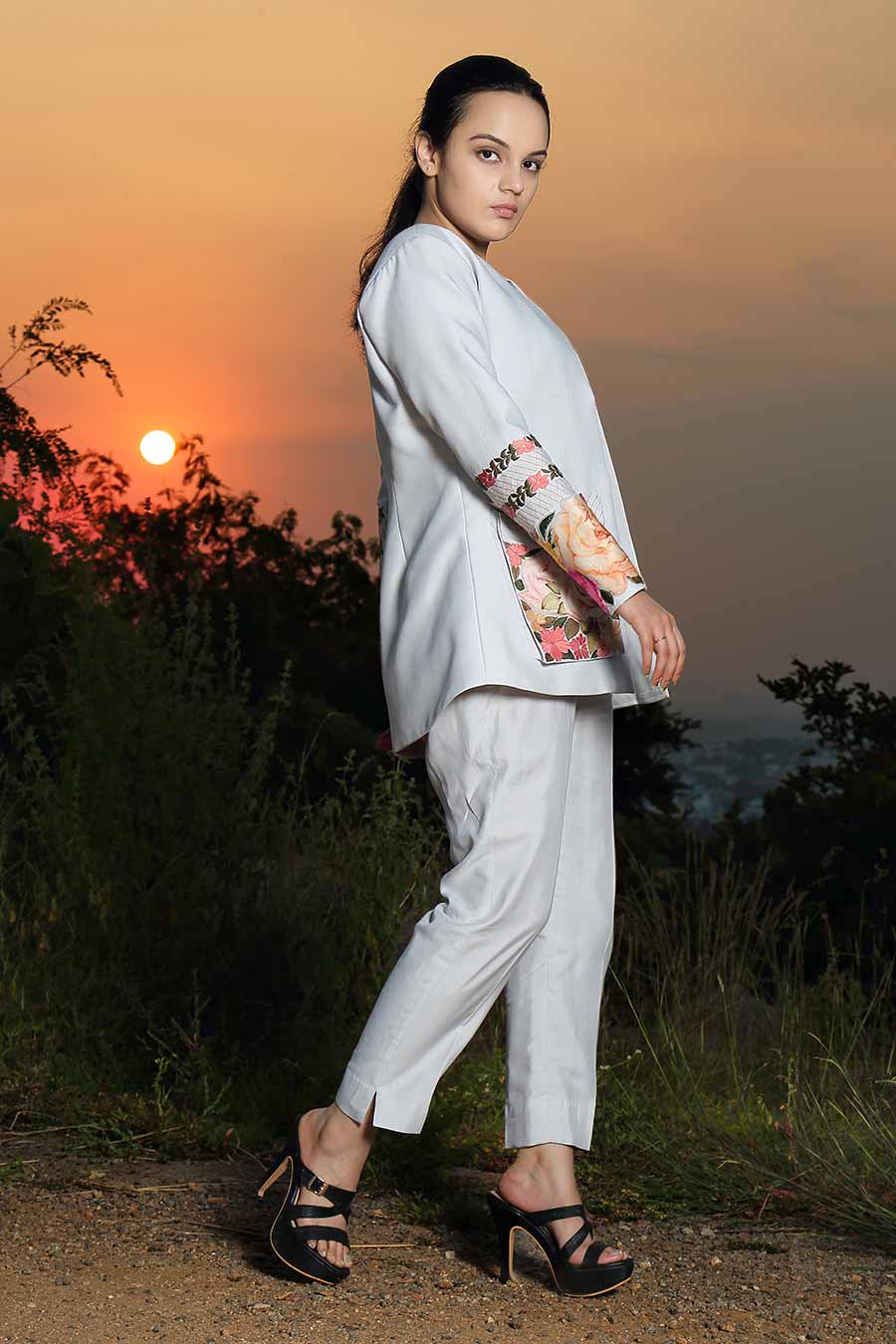 Light Grey Embroidered Jacket with Top & Pant Set