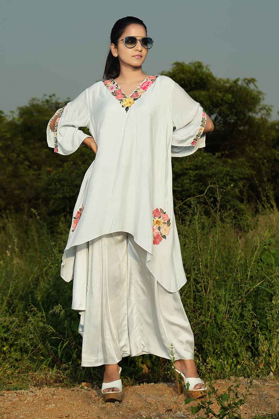 Light Grey Embroidered Kurta & Bottom Set