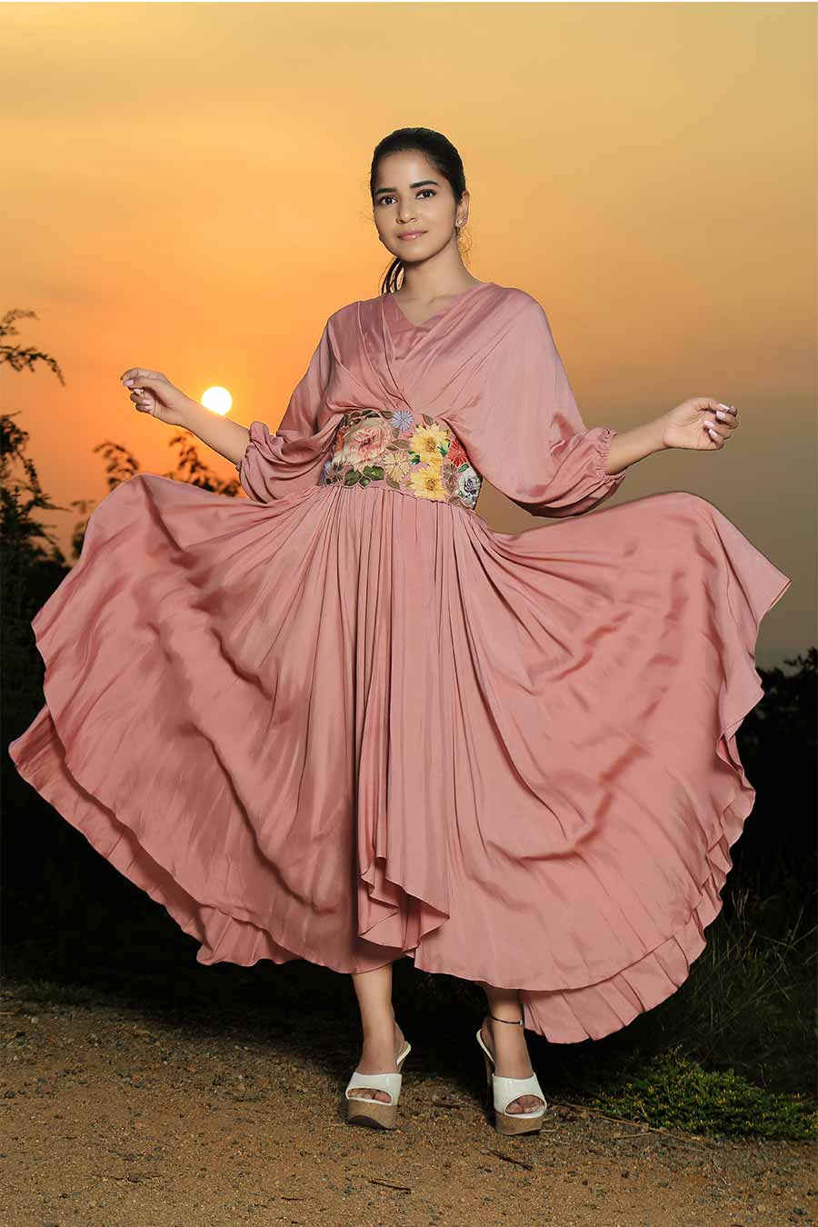 Onion Pink Embroidered Asymmetrical Frock