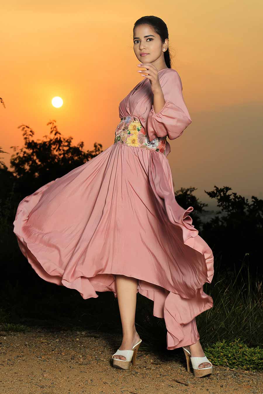 Onion Pink Embroidered Asymmetrical Frock