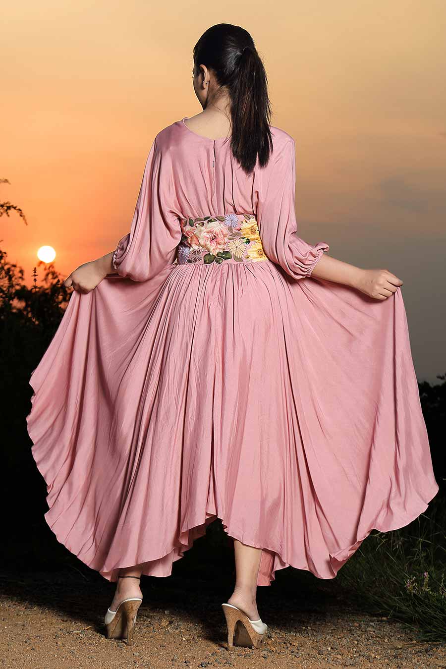 Onion Pink Embroidered Asymmetrical Frock