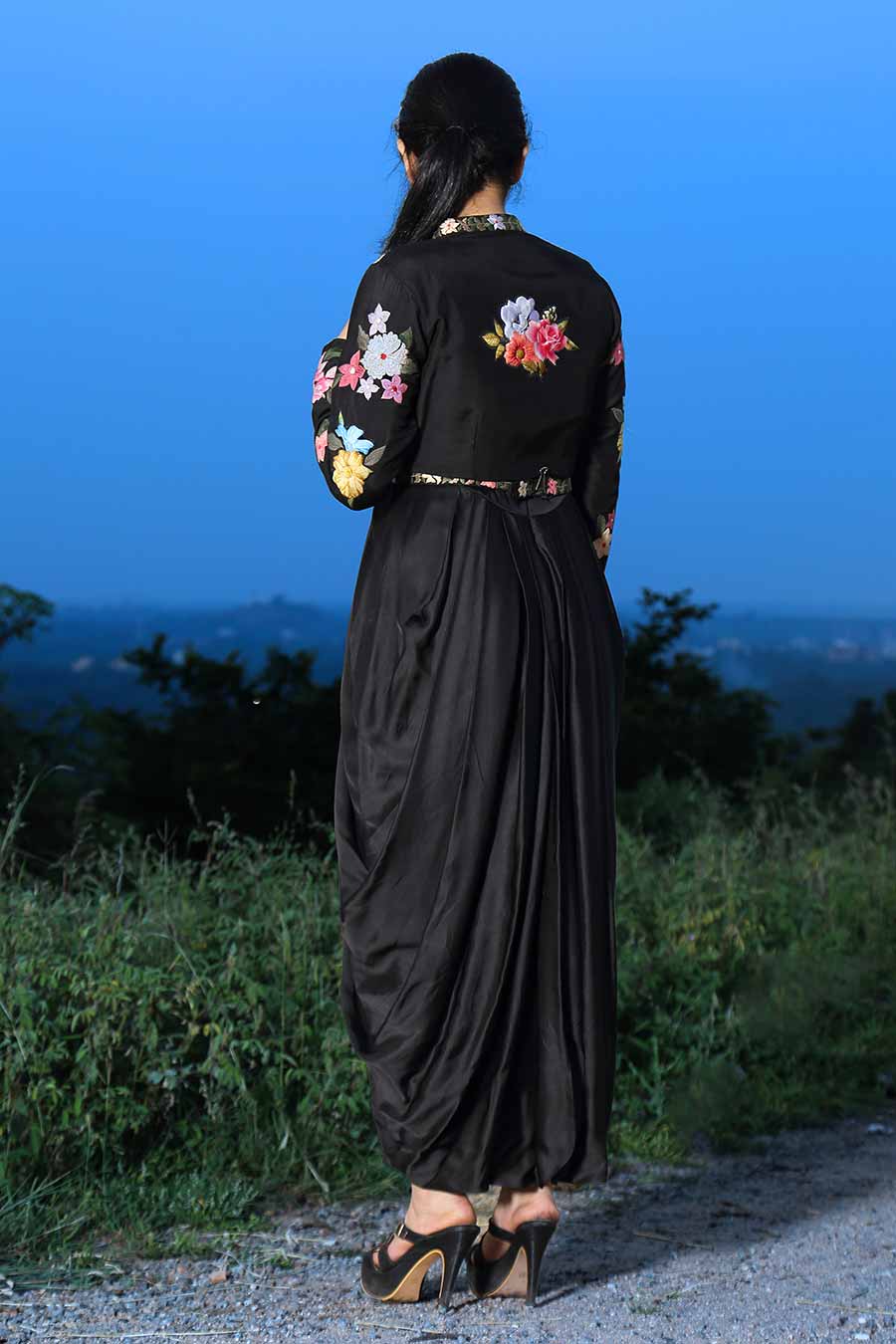 Black Dress with Embroidered Jacket Set