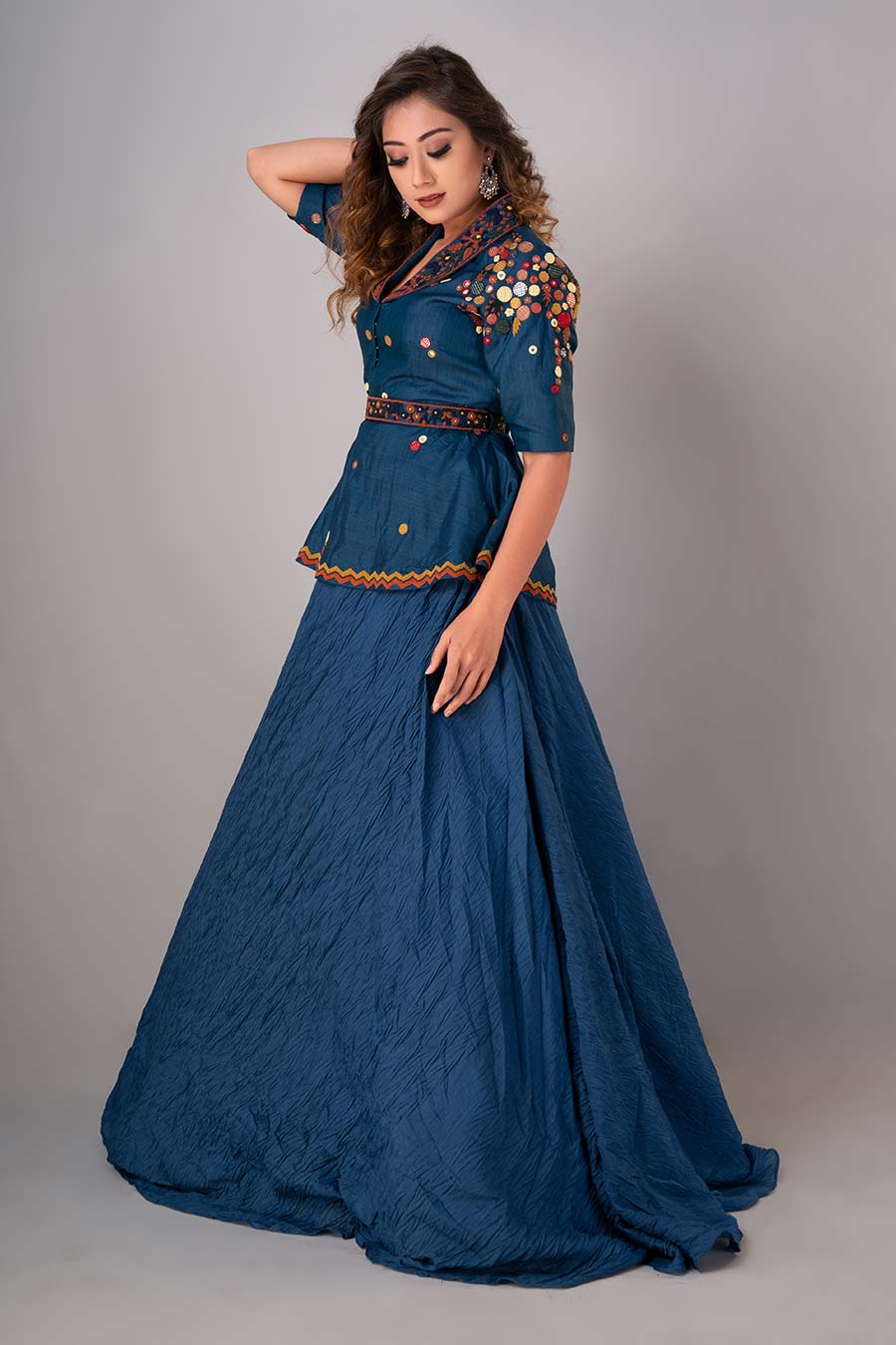 Blue Peplum Embroidered Lehenga Set With belt