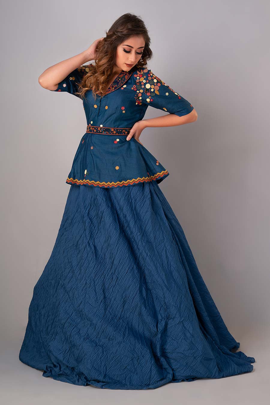 Blue Peplum Embroidered Lehenga Set With belt