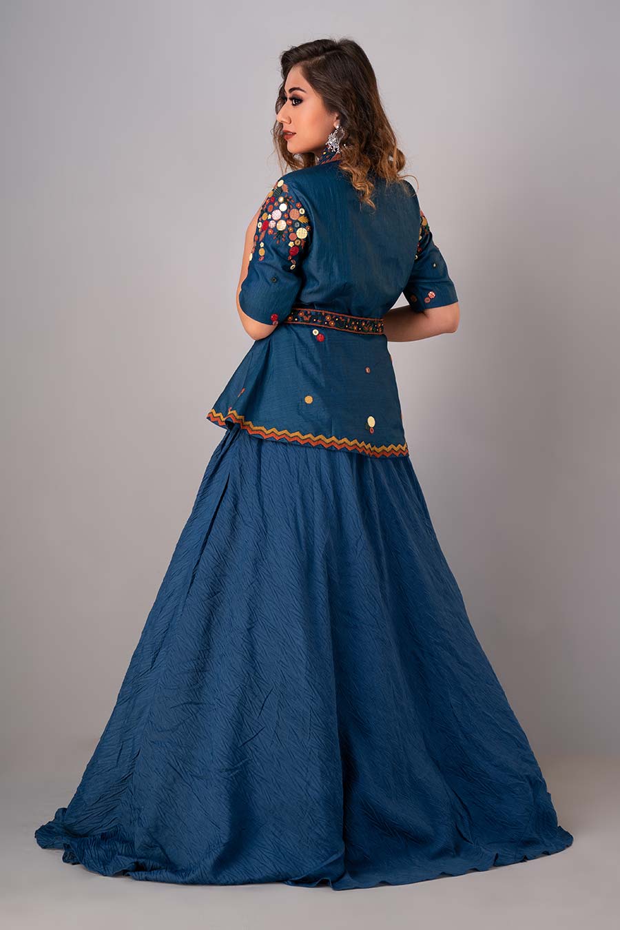 Blue Peplum Embroidered Lehenga Set With belt